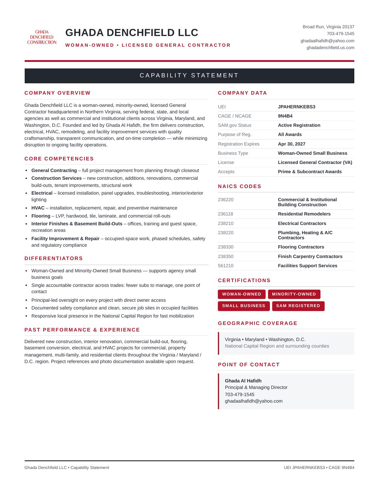 Ghada Denchfield LLC capability statement — core competencies, NAICS codes, UEI and CAGE data